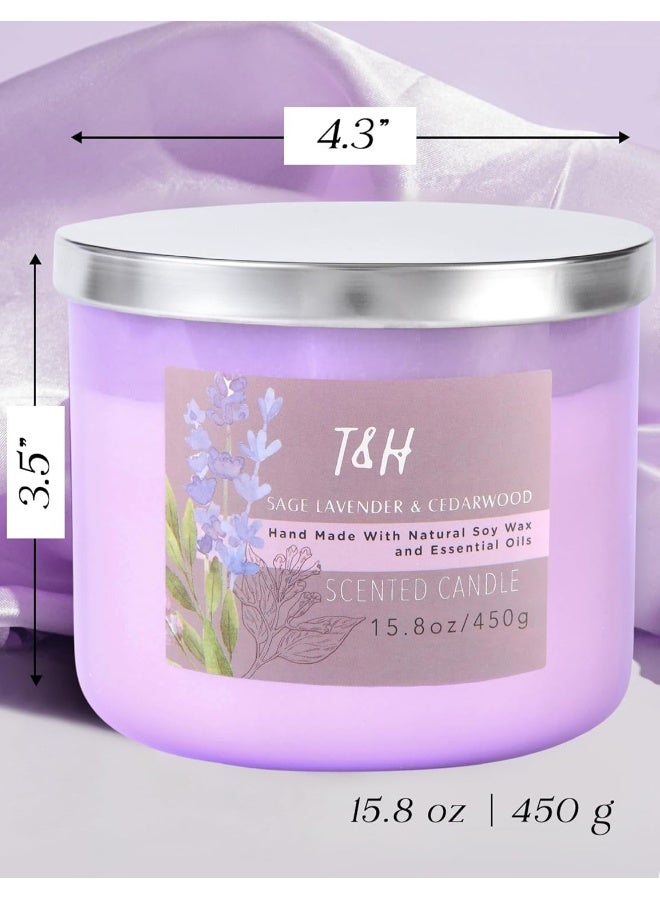 T&H Sage Lavender Cedarwood 3-Wick Candle | Large Scented Candle for Home | Calming Fall & Winter Scented Candle | Aromatherapy Lavender Woods Candles for Men & Women 15.8 oz | Sage Citrus Soy Candle - Image 3